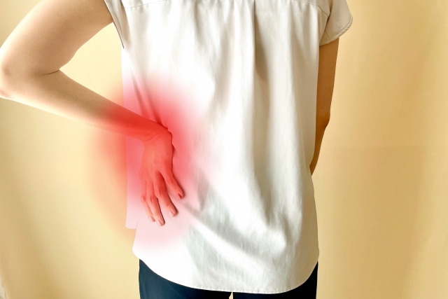 腰痛で苦しむ女性。背中側から腰の痛む部分(赤く強調された箇所)に手を当てている様子。